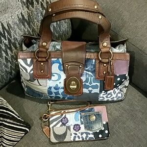 Coach Blue and Brown Patchwork Shoulder Bag
